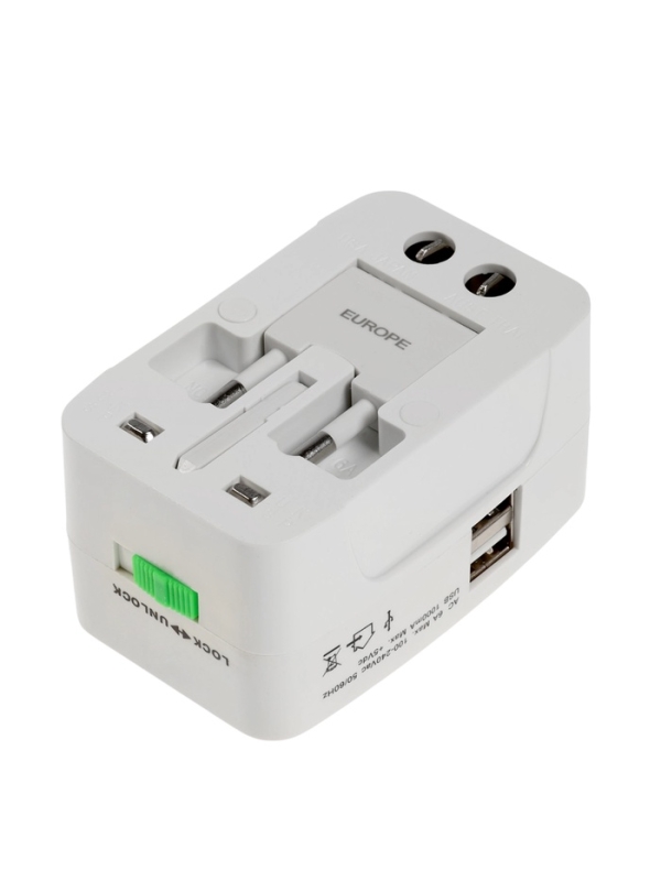 Адаптер универсальный, 3 А, 5 в 1, 1 USB-A, 220 В, белый