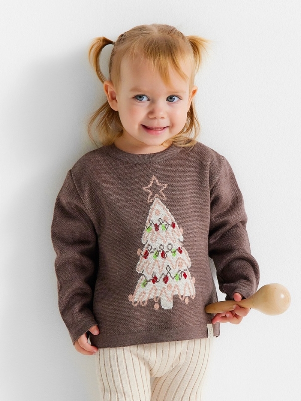 Джемпер вязаный новогодний Крошка Я "Новогодние игрушки" рост 74-80 см, цвет коричневый