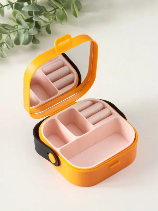 Шкатулка пластик для украшений с зеркалом, с ручкой 3 ячейки, 3 полосы, оранж 9х9х3,8 см