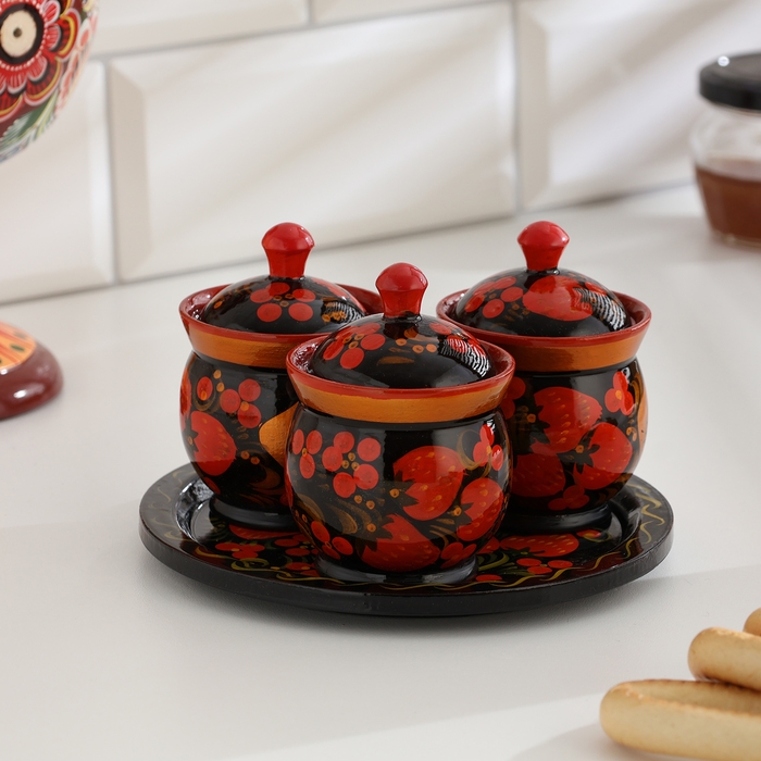 Набор для специй на подставке &laquo;Земляничка&raquo;, 15&times;15&times;6 см, дерево, хохлома