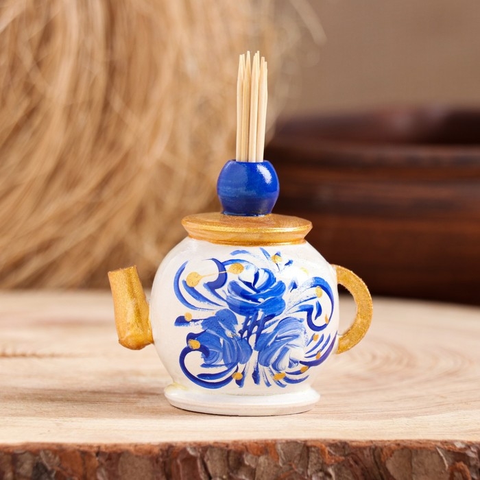 Подставка под зубочистки &laquo;Чайник&raquo;, 5 см, бело-синяя