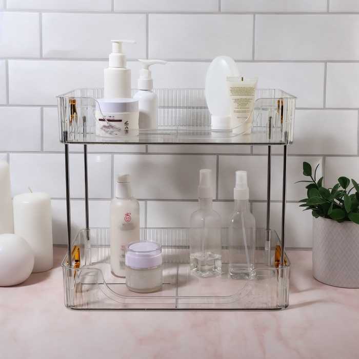 Органайзер для хранения, с ручками, 2 секции, 31 &times; 20 &times; 29 см, цвет прозрачный/золотой