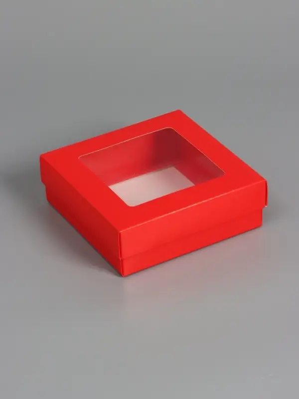 Коробка складная, крышка-дно,с окном, красная, 15 х 15 х 5 см