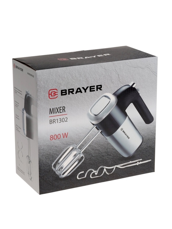 Миксер BRAYER 1302BR, ручной, 800 Вт, 5 скоростей, 2 насадки, чёрно-серый