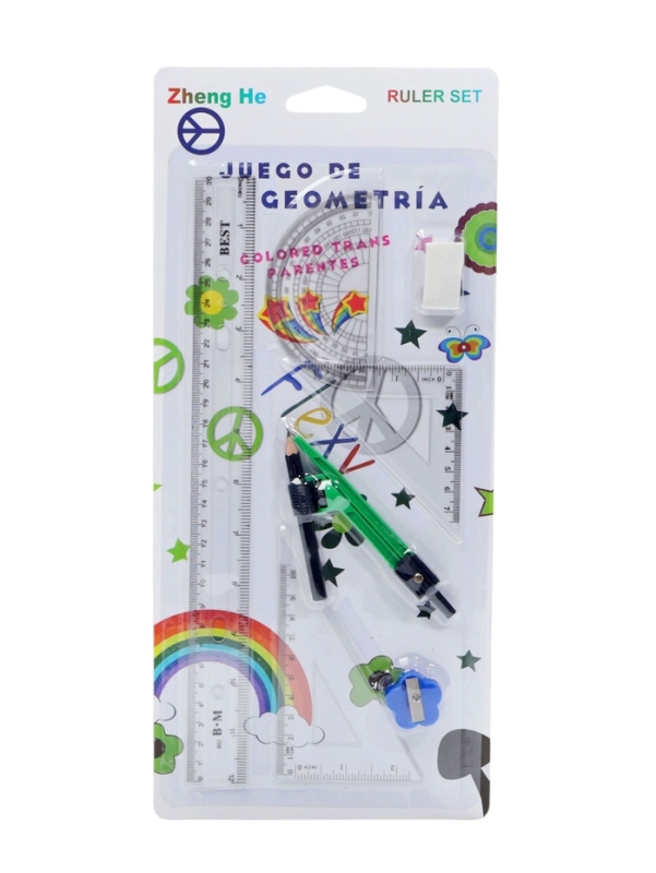 Набор геометрический: линейка 30 см, 2 угольника, транспортир, точилка, ластик, циркуль