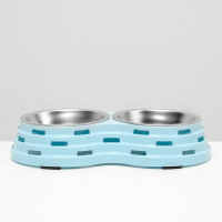 Миска металлическая двойная на пластиковом основании 2 х 160 мл, 25 х 14 х 5 см, голубая