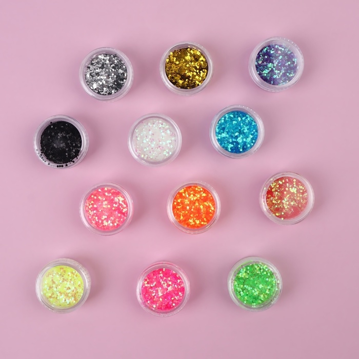 Блёстки для декора ногтей, крупные, набор 12 баночек, в пластиковом органайзере, разноцветные Блёстки для декора ногтей, крупные, набор 12 баночек, в пластиковом органайзере, разноцветные