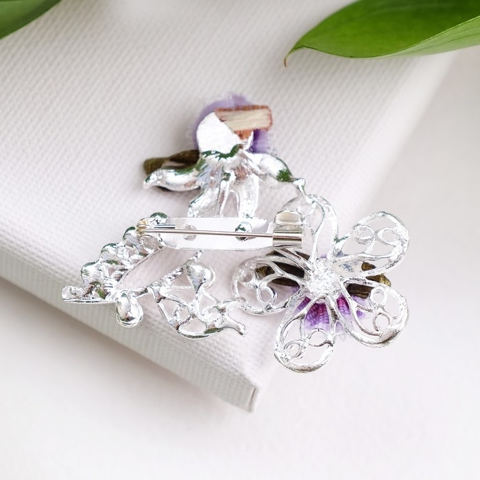 Брошь &laquo;Цветочная ветвь&raquo; дуэт, цвет фиолетовый в серебре