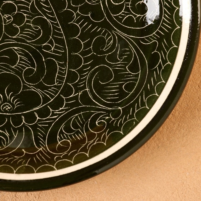 Тарелка Риштанская Керамика "Узоры", зелёная, плоская, 15 см