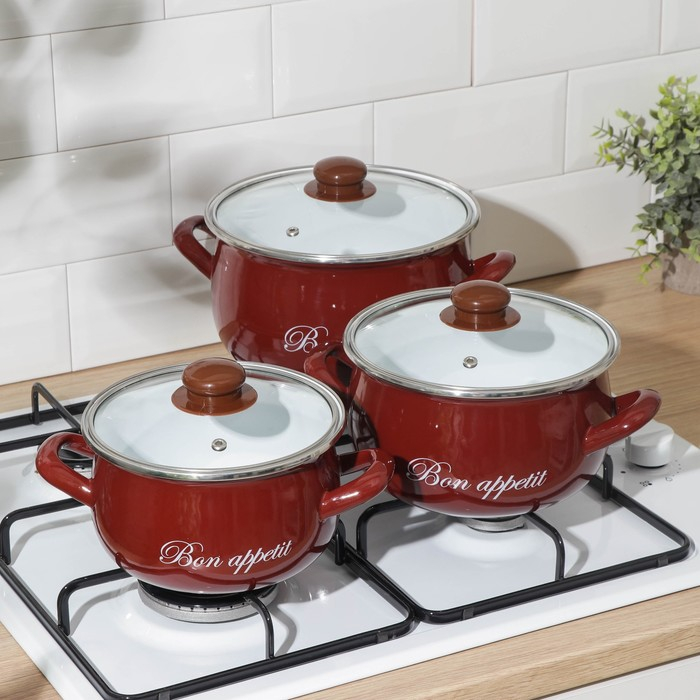Набор эмалированных кастрюль &laquo;Бордо&raquo;, 3 предмета: 2,1 л, 3,1 л, 4 л, индукция, цвет бордовый