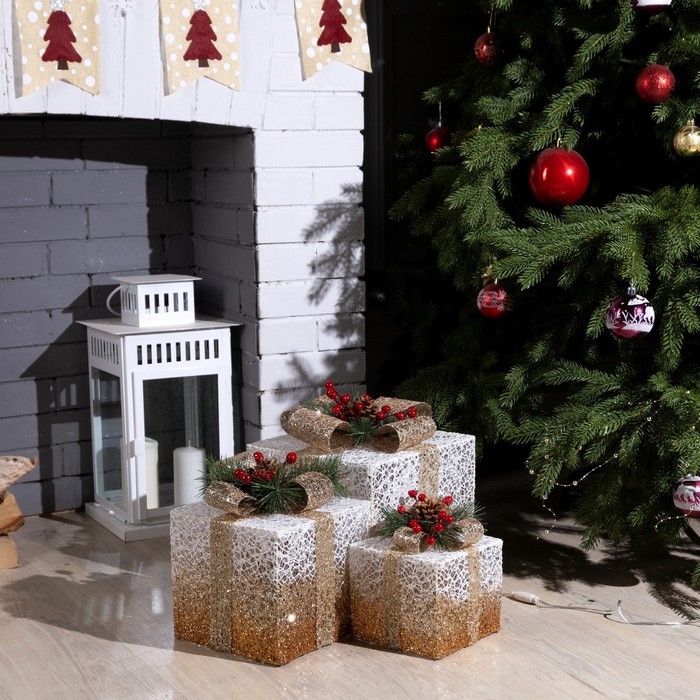 Светодиодная фигура «Бежевые подарки» 15, 20, 25 см, текстиль, металл, 220 В, свечение тёплое белое Светодиодная фигура «Бежевые подарки» 15, 20, 25 см, текстиль, металл, 220 В, свечение тёплое белое