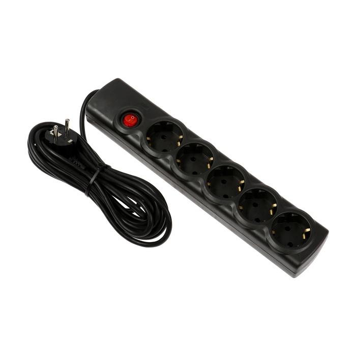 Сетевой фильтр Luazon Lighting, 5 розеток, 5 м, 2200 Вт, 3х0.75 мм2, 10 A, 220 В, c предохранителем, черный