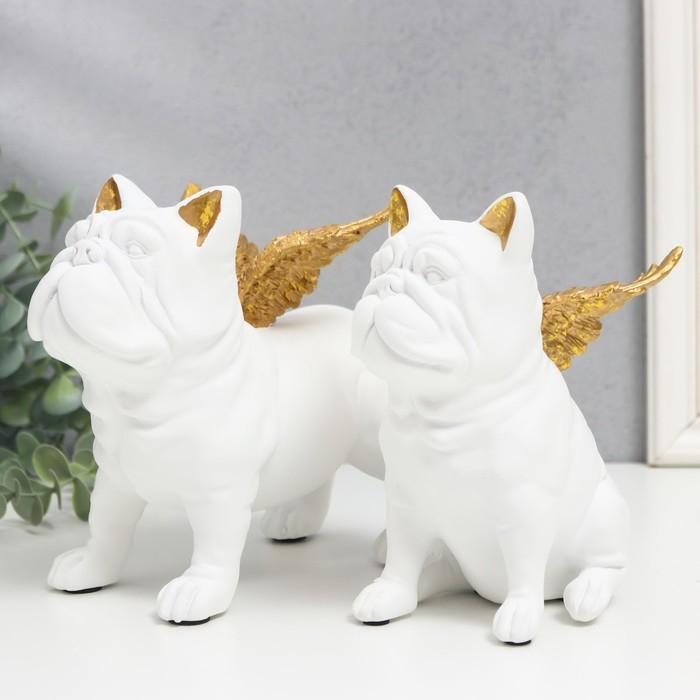 Сувенир полистоун "Бульдоги с крыльями" белый набор 2 шт 16,5х10,5х13,5 16,5х11,5х18,5 см