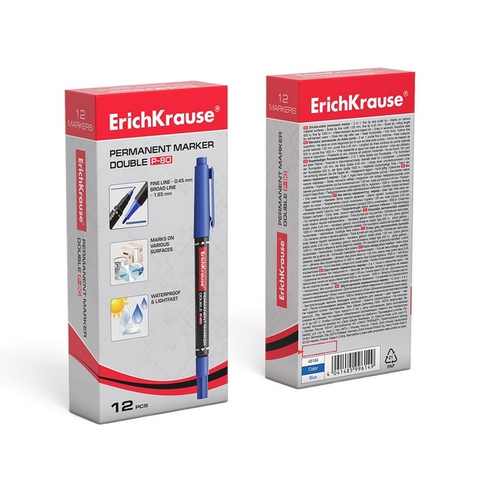 Маркер перманентный ErichKrause Double P-80, 0.45-1.65 мм, двусторонний, синий Маркер перманентный ErichKrause Double P-80, 0.45-1.65 мм, двусторонний, синий