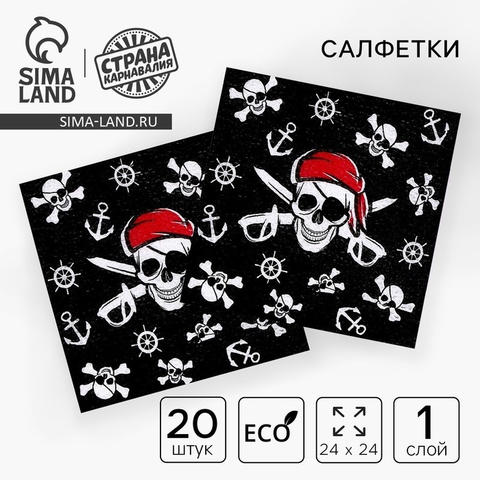 Салфетки бумажные &laquo;Пират&raquo;, однослойные, 24х24 см, набор 20 шт.