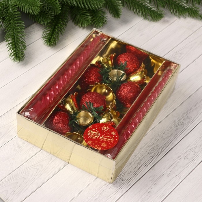 Свеча новогодняя с подсвечником Свеча новогодняя с подсвечником "Шарик, бусина" (набор 2 шт) 14,5х20 см, красно-золотой