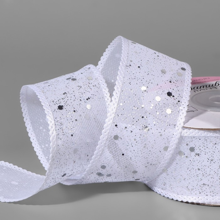 Лента декоративная, с глиттером, 38 мм, 9 ± 0,5 м, цвет белый/серебряный Лента декоративная, с глиттером, 38 мм, 9 ± 0,5 м, цвет белый/серебряный