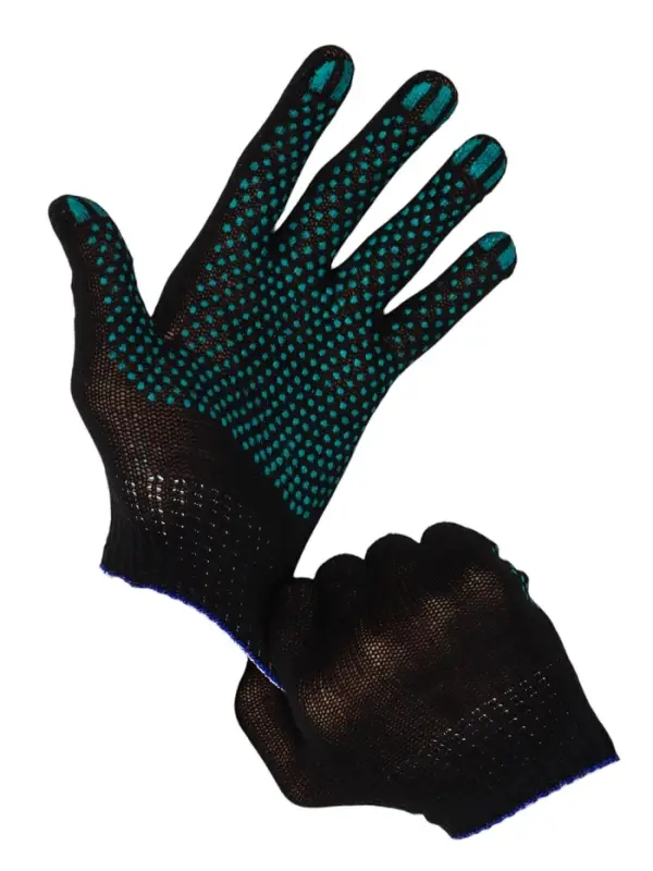 Перчатки садовые, хб, вязка 10 класс, 3 нити, размер 9, с ПВХ точками, чёрные