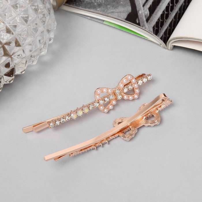 Невидимка для волос "Глория" (набор 2 шт) бант, 6 см, розовое золото