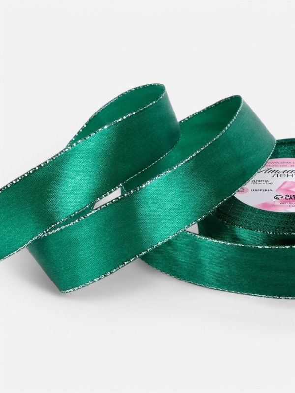 Лента атласная, с серебряным люрексом, 25 мм, 23±1 м, зелёная №168 Лента атласная, с серебряным люрексом, 25 мм, 23±1 м, зелёная №168
