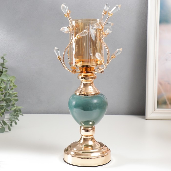 Подсвечник металл на 1 свечу "Веточки с кристаллами. Сине-зелёный шар" золото 34х17х17 см