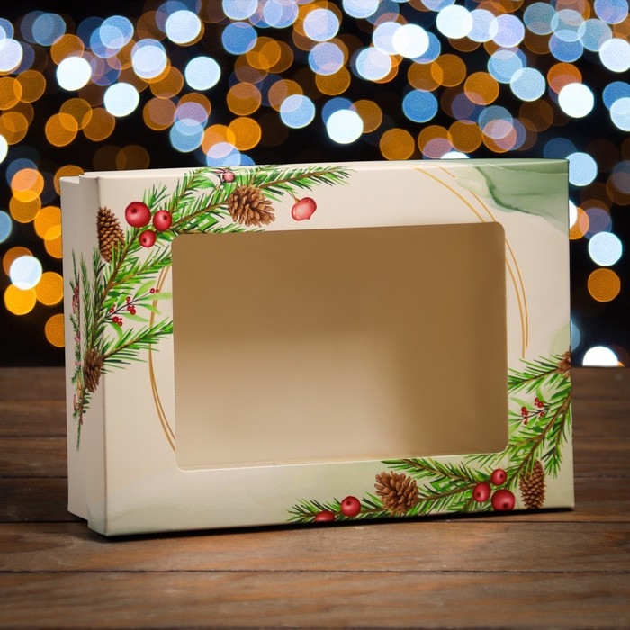 Новый год. Коробка подарочная новогодняя складная, крышка-дно, с окном Новый год. Коробка подарочная новогодняя складная, крышка-дно, с окном "Чудесного настроения" 21 х 15 х 7 см