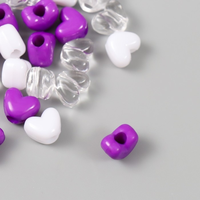 Бусины пластик "Сердце. Фиолетовый, белый, прозрачный" набор 20 гр 1,2х0,9х0,8 см