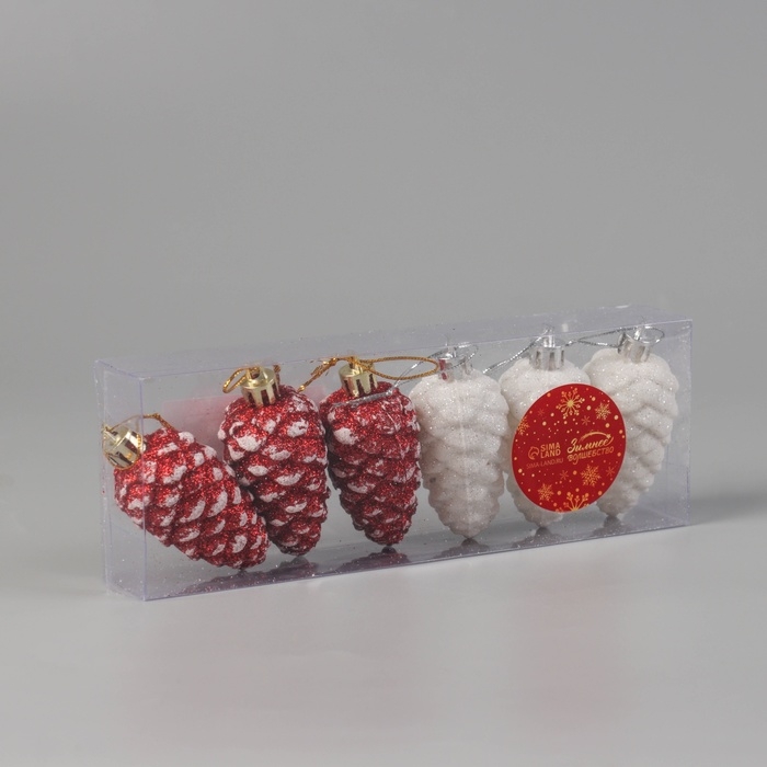 Украшение ёлочное "Шишки ассорти классик" (набор 6 шт) 7,5х3,5 см, красный белый