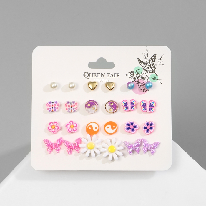 Набор серьги 12 пар &laquo;Принцесса&raquo; ромашки, цветные в золоте