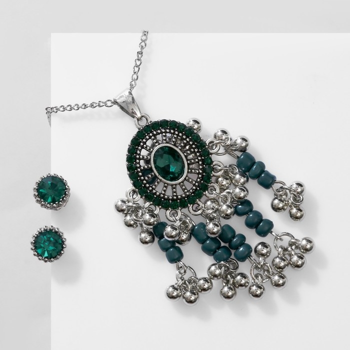 Гарнитур 2 предмета: серьги, кулон &laquo;Соло&raquo; овал, цвет зелёный в чернёном серебре, 48 см