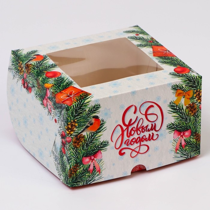 Новый год. Коробка для 4 капкейка с окном "Новогодние подарки", 16 х 16 х 10 см, упаковка