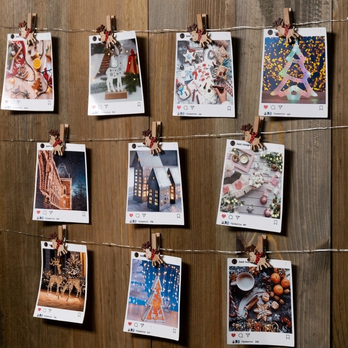 Гирлянда &laquo;Нить&raquo; 2 м роса с насадками &laquo;Прищепки-оленёнок&raquo;, IP20, серебристая нить, 20 LED, батарейка ААх2 (нет в комплекте), свечение тёплое белое