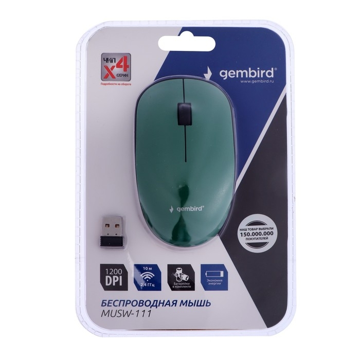 Мышь Gembird MUSW-111-GRN, беспроводная, оптическая, 1200 dpi, 2.4 ГГц, 1xAA, USB, зелёная Мышь Gembird MUSW-111-GRN, беспроводная, оптическая, 1200 dpi, 2.4 ГГц, 1xAA, USB, зелёная