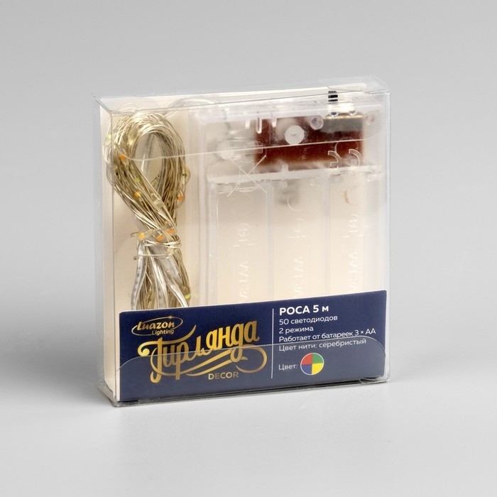 Гирлянда «Нить» 5 м роса, IP20, серебристая нить, 50 LED, 2 режима, батарейки AAх3 (нет в комплекте), свечение мульти Гирлянда «Нить» 5 м роса, IP20, серебристая нить, 50 LED, 2 режима, батарейки AAх3 (нет в комплекте), свечение мульти