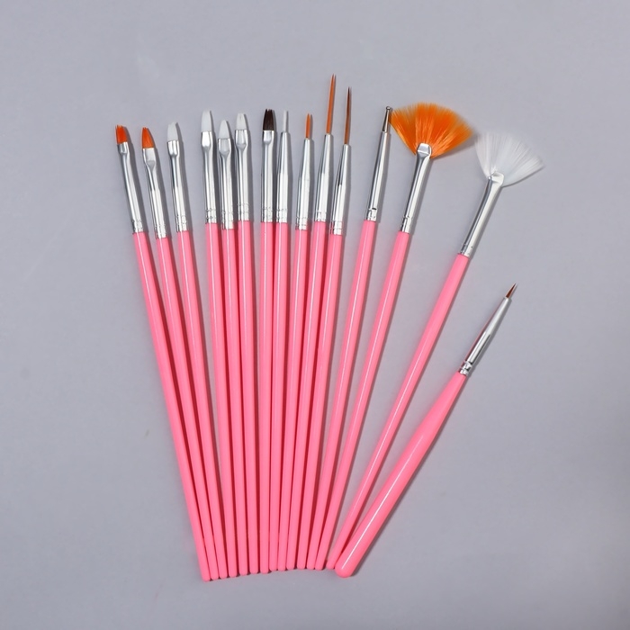 Набор кистей для наращивания и дизайна ногтей, 15 шт, цвет розовый