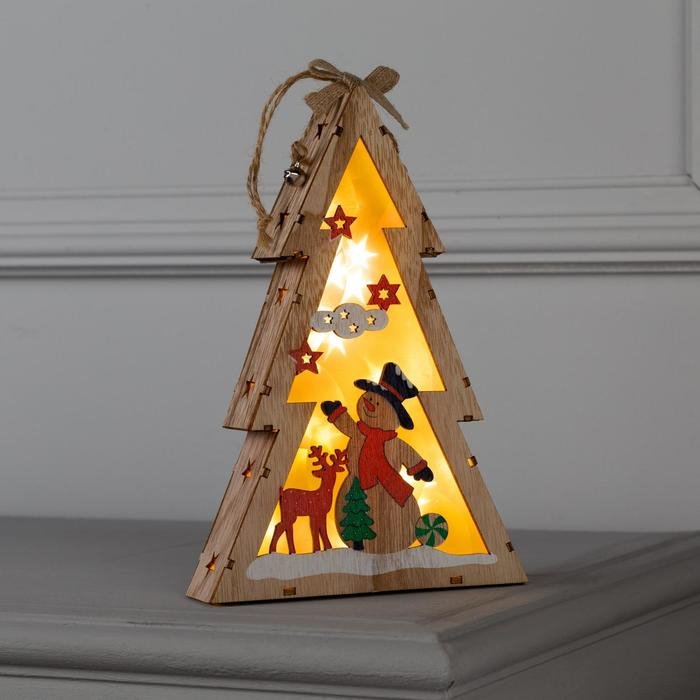 Светодиодная фигура &laquo;Ёлка со снеговиком&raquo; 14 &times; 22.5 &times; 4 см, дерево, батарейки АААх2 (не в комплекте), свечение тёплое белое