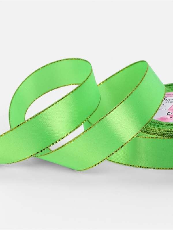 Лента атласная, с золотым люрексом, 25 мм, 23±1 м, ярко-зелёная №137 Лента атласная, с золотым люрексом, 25 мм, 23±1 м, ярко-зелёная №137