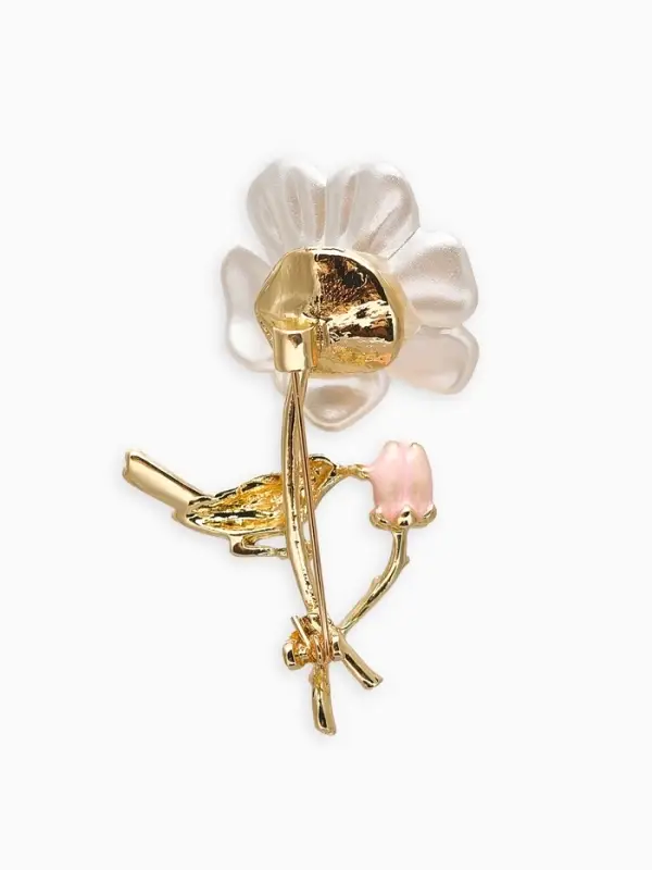 Брошь "Цветок" с птичкой, цветная в золоте