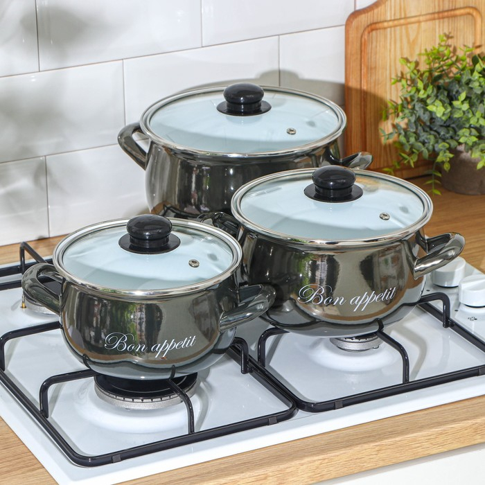 Набор кастрюль &laquo;Металлик&raquo;, 3 предмета: 2,1 л, 3,1 л, 4 л, индукция, цвет чёрный