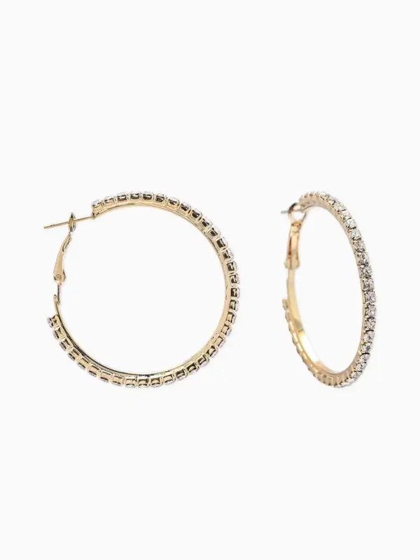 Серьги-кольца со стразами d=4.5 см, белые в золоте