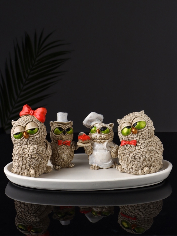 Набор фигур "4 совы на подносе" размер 20х10х10 см, бежевый