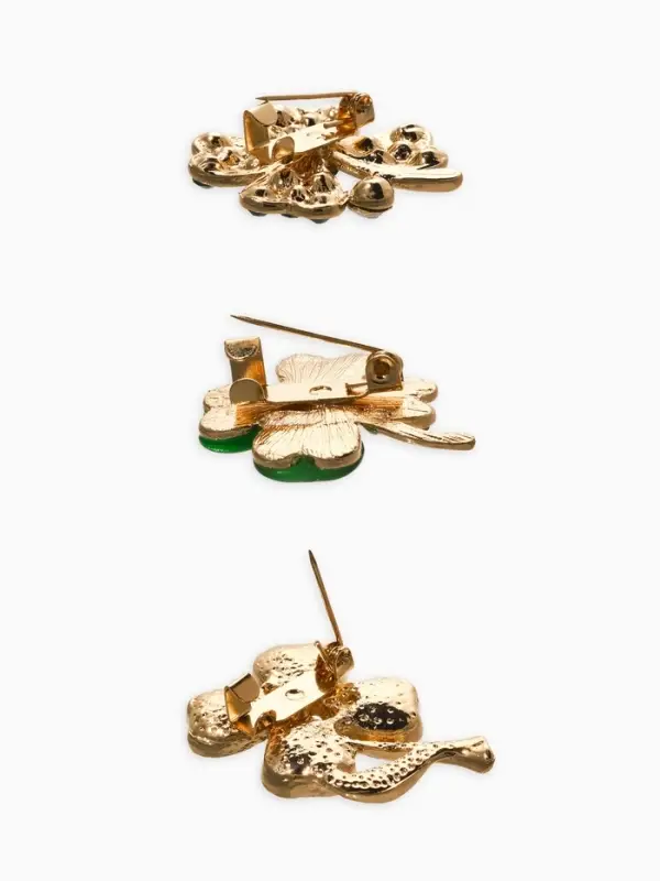 Броши "Клевер" (набор 3шт), цвет зелёный в золоте