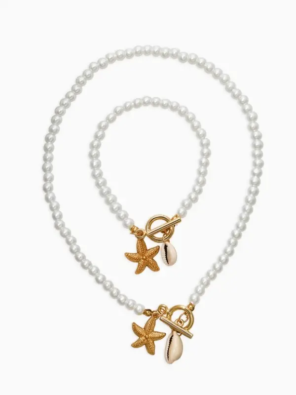 Набор 2 пред-та: бусы.браслет "Жемчуг", звезда, цвет белый в золоте L=18/42см №6