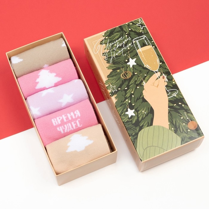 Набор новогодних женских носков "Winter" размер 36-39 (23-25 см), 5 пар