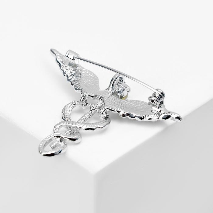 Брошь &laquo;Кадуцей&raquo; со стразиной, цвет белый в серебре