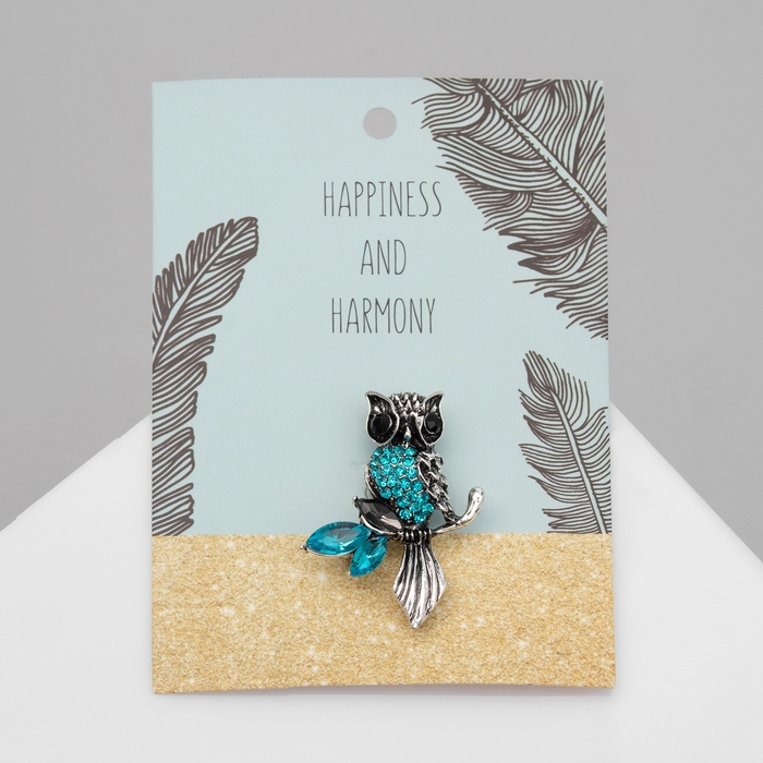 Брошь &laquo;Сова на ветке&raquo;, цвет голубой в чернёном серебре