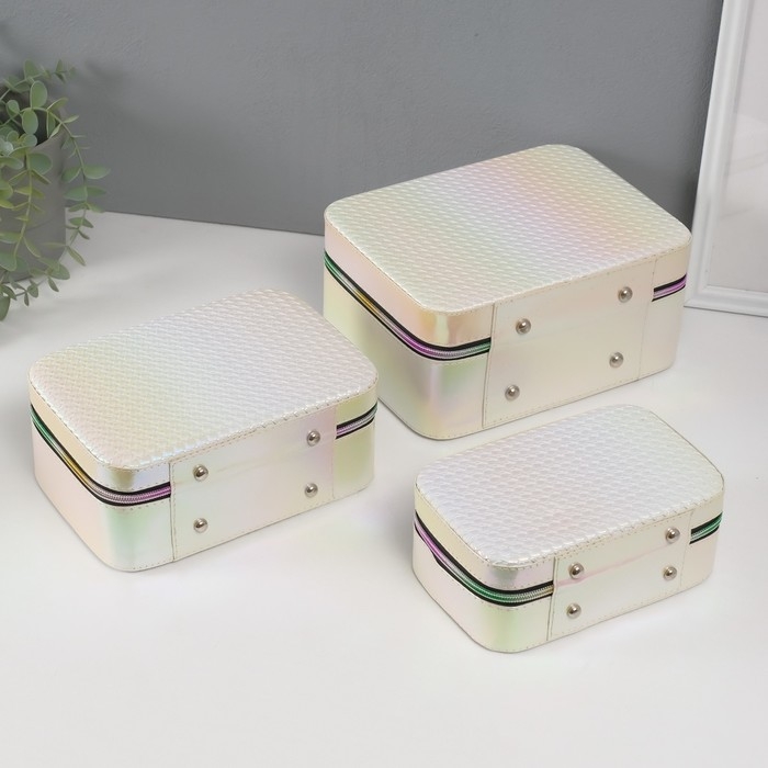 Шкатулка кожзам с зеркалом "Плетение" бежевая н-р 3 шт 19,4х12,5х8 22х16х9 11,5х24,5х18,5 см