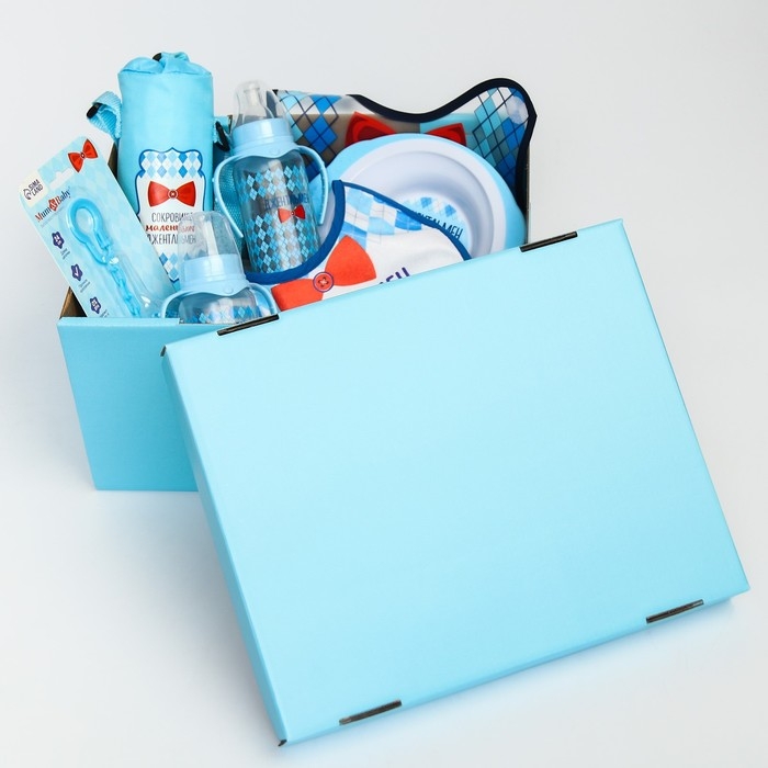 Подарочный набор &laquo;Джентльмен&raquo; 14 в 1: бутылочка 2 шт., нагрудник 2 шт., ниблер, контейнер для пустышки, держатель для пустышки 2 шт., термосумка, многоразовый подгузник, набор бабочек, набор посуды: тарелка, вилка, ложка