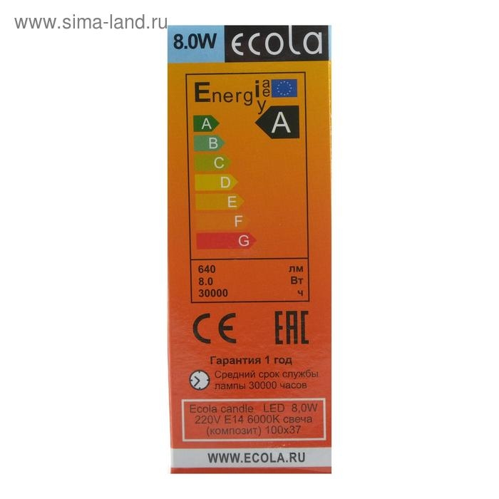 Лампа светодиодная Ecola "свеча", Е14, 8 Вт, 6000 К, 220 В, 103х37 мм
