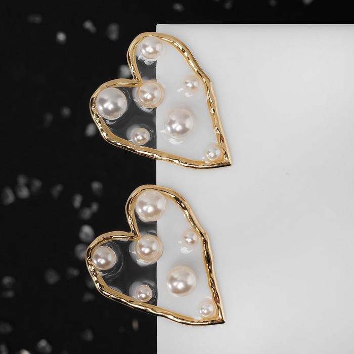 Серьги с жемчугом &laquo;Грейс&raquo; сердечки, цвет белый в золоте